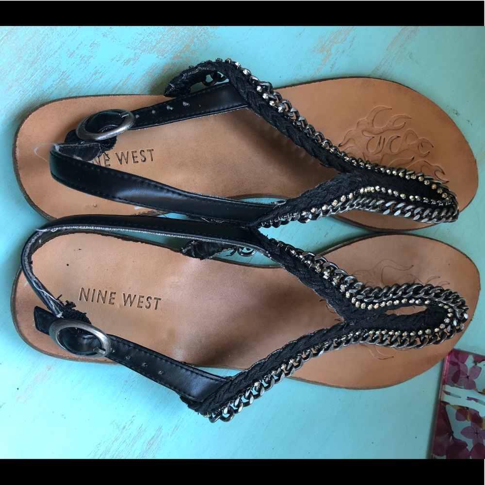 Nine West Black Leather + Chain Metal Sandals